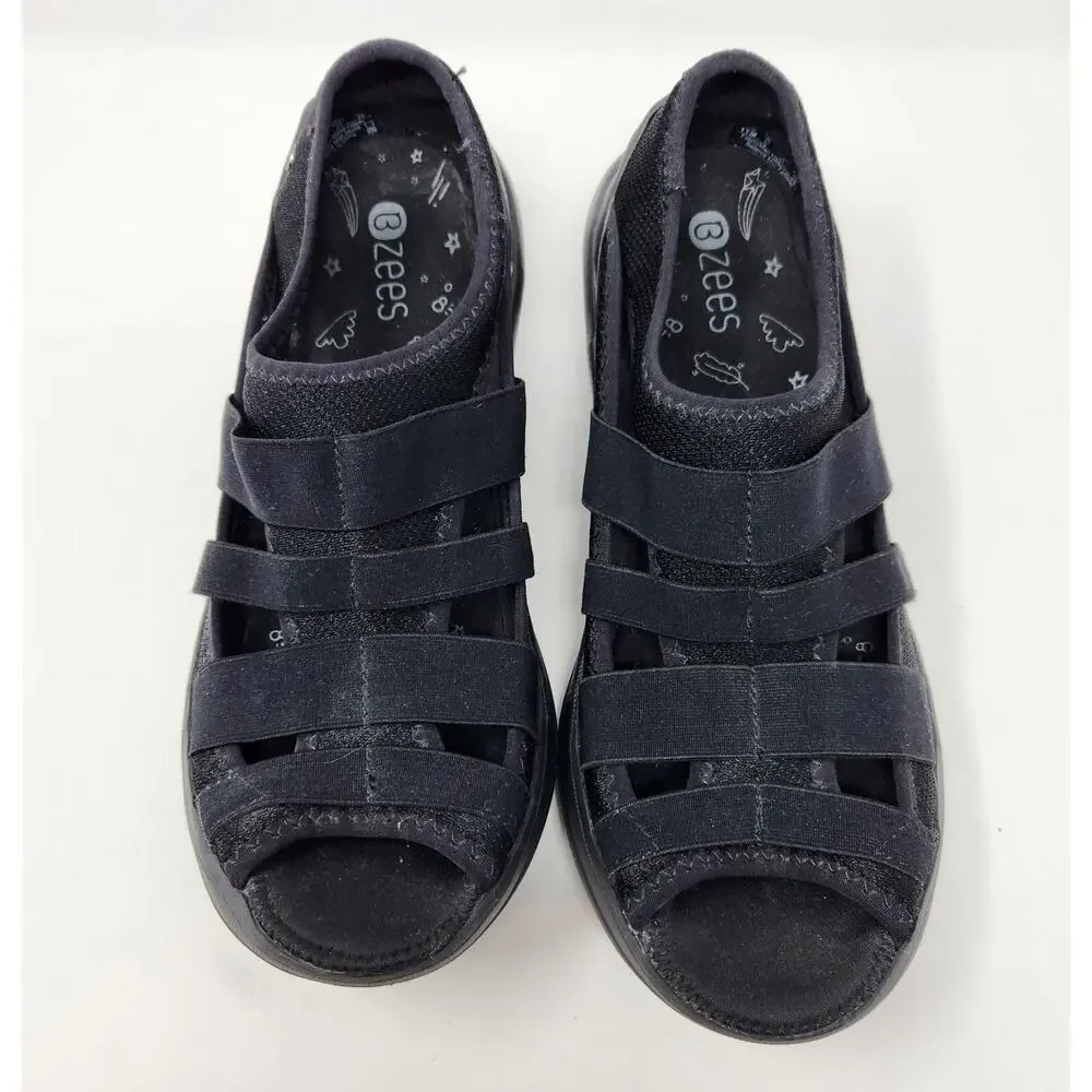 BZees Frill Slip On Sandal Sneaker Women 11 M Black Peep Toe
